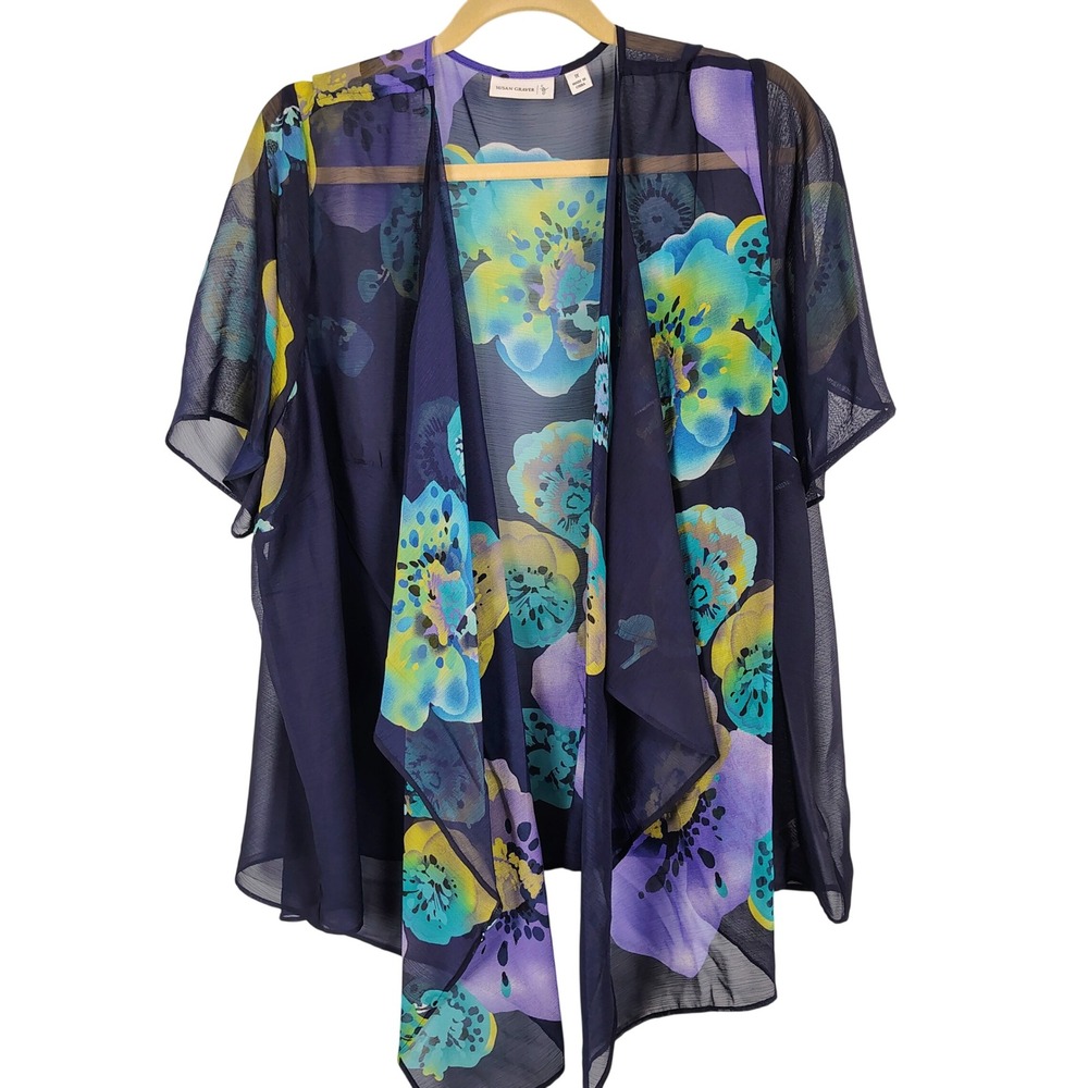 Susan Graver Womens 1X Floral Sheer Open Front Cardigan Navy Whimsygoth Boho